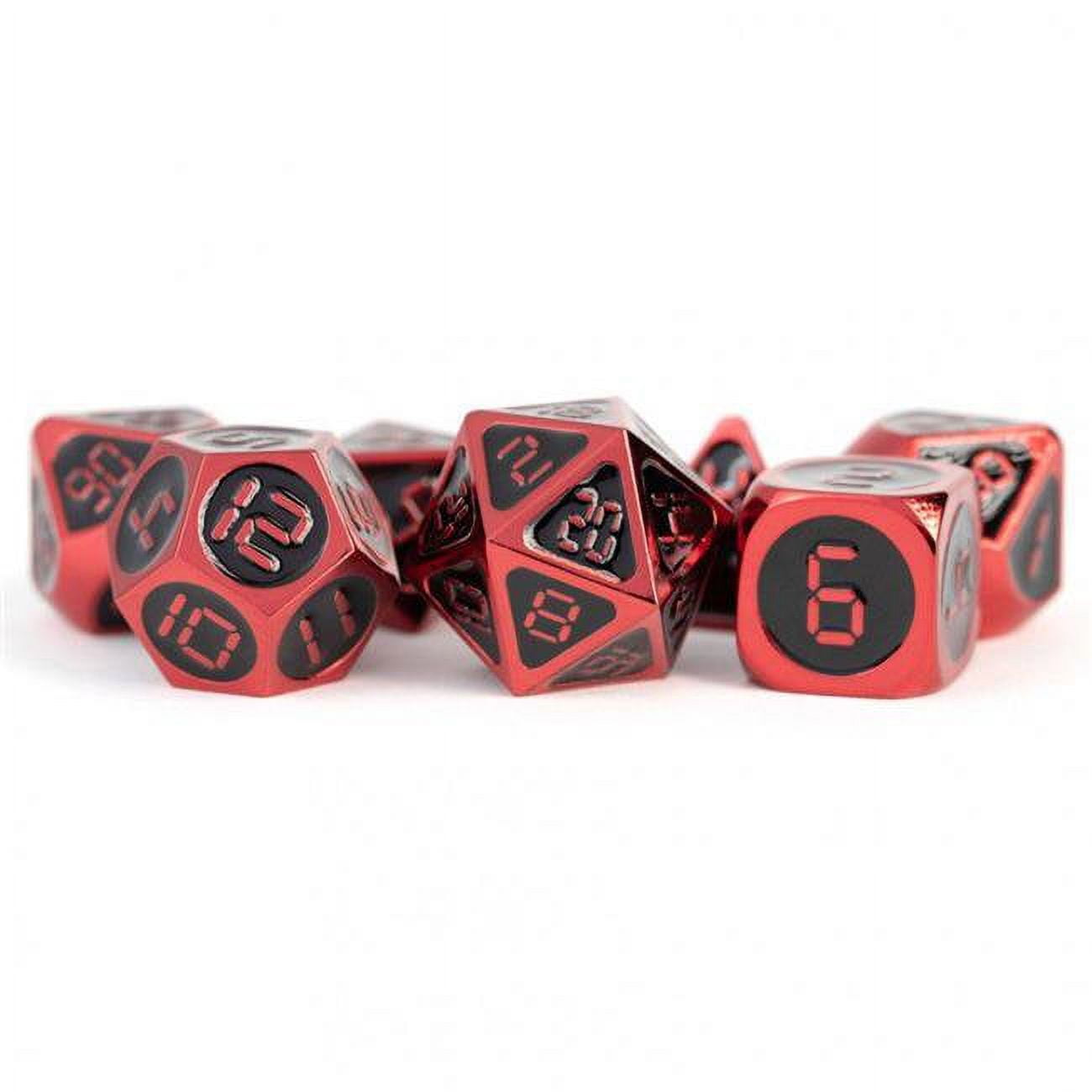 Metal Dice with Black Enamel & Red Digital Clock Display Numbers - Set of 7