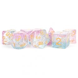 LIC616 16 mm Clear Specialty Resin Dice with Pink, Silver & Blue Glitter - Gold Numbers - Set of 7