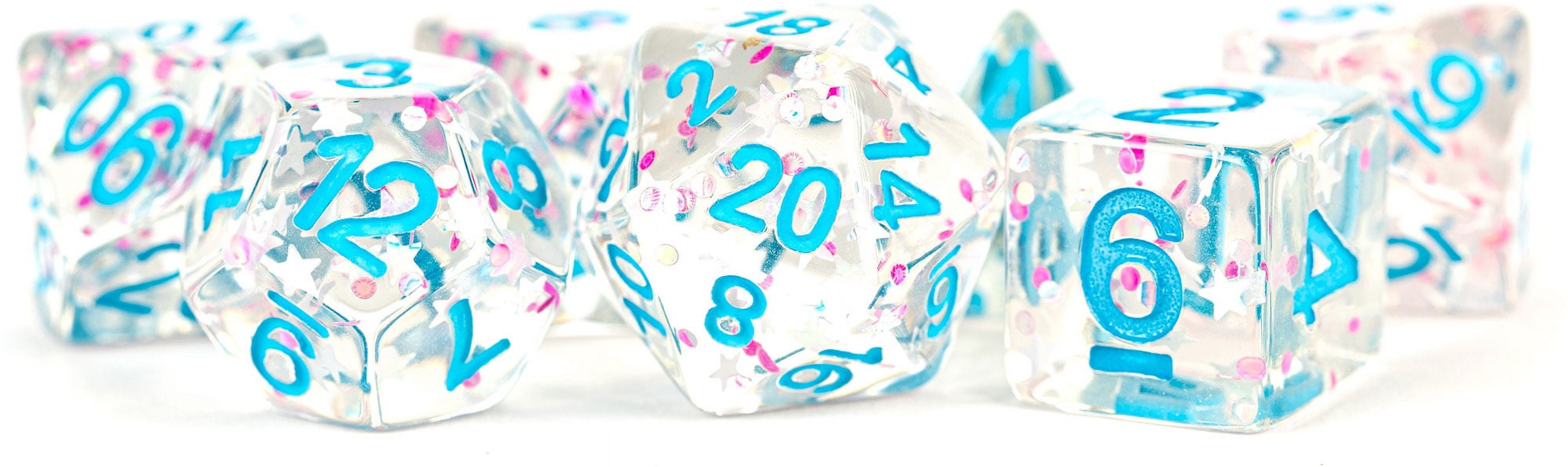 LIC617 16 mm Clear Specialty Resin Dice with Pink & Blue Confetti & Blue Numbers - Set of 7