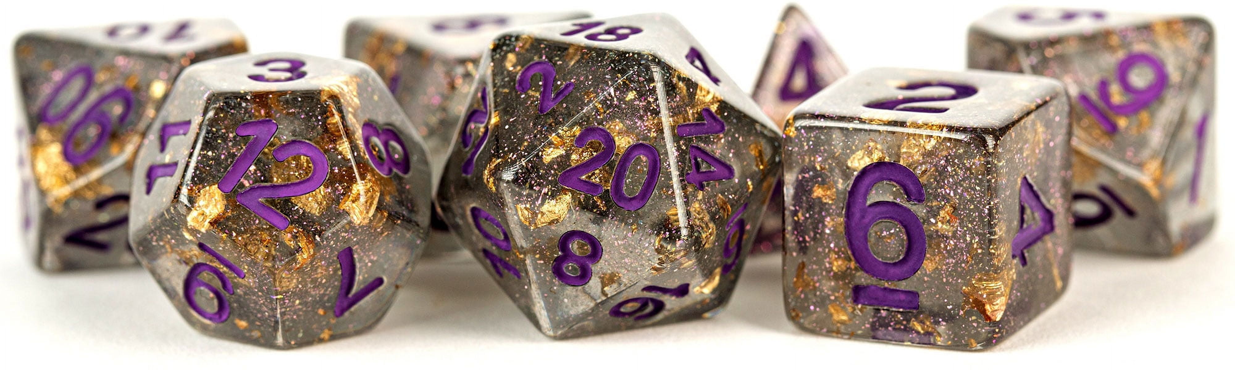 LIC619 16 mm Clear Specialty Resin Dice with Gold Foil & Purple Numbers - Set of 7
