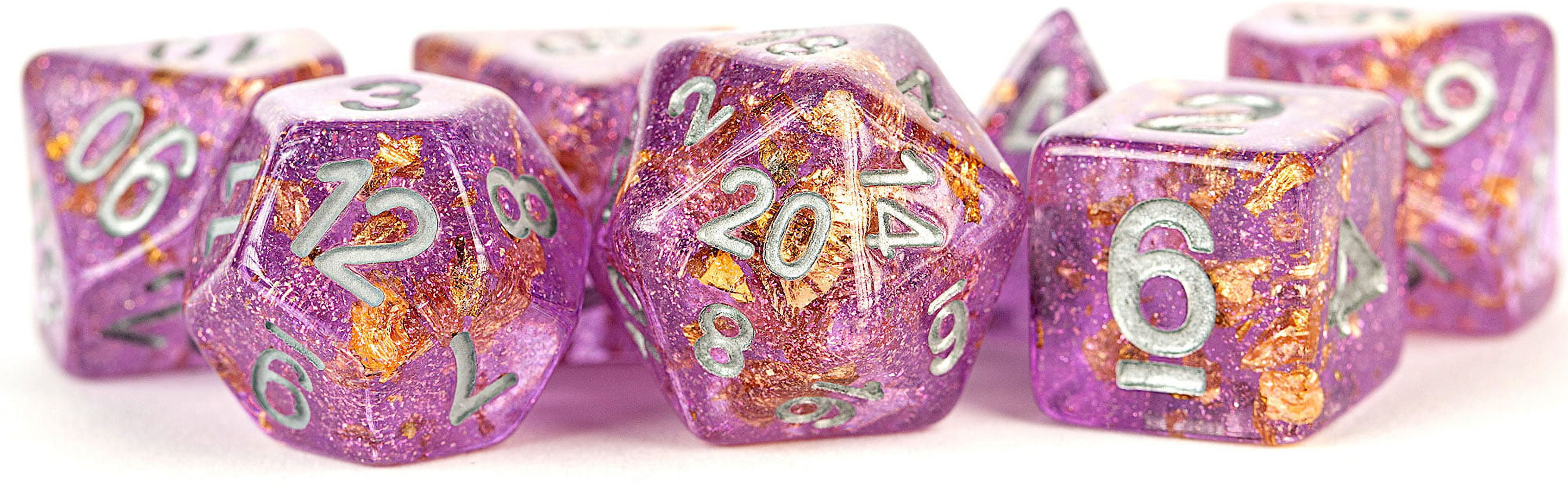 LIC621 16 mm Translucent Pink Specialty Resin Dice with Gold Foil & Silver Numbers - Set of 7