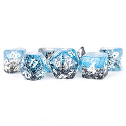 LIC629 16 mm Clear Specialty Resin Dice with Blue & Black Particles & White Numbers - Set of 7