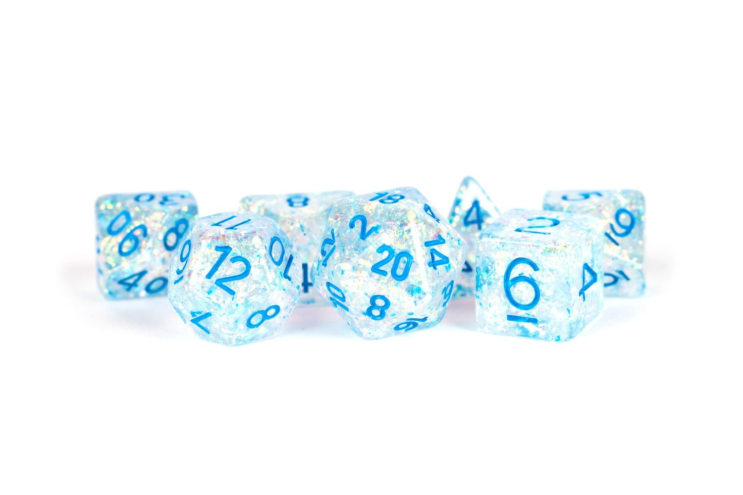 Flash Dice, Clear with Blue Numbers - Set of 7
