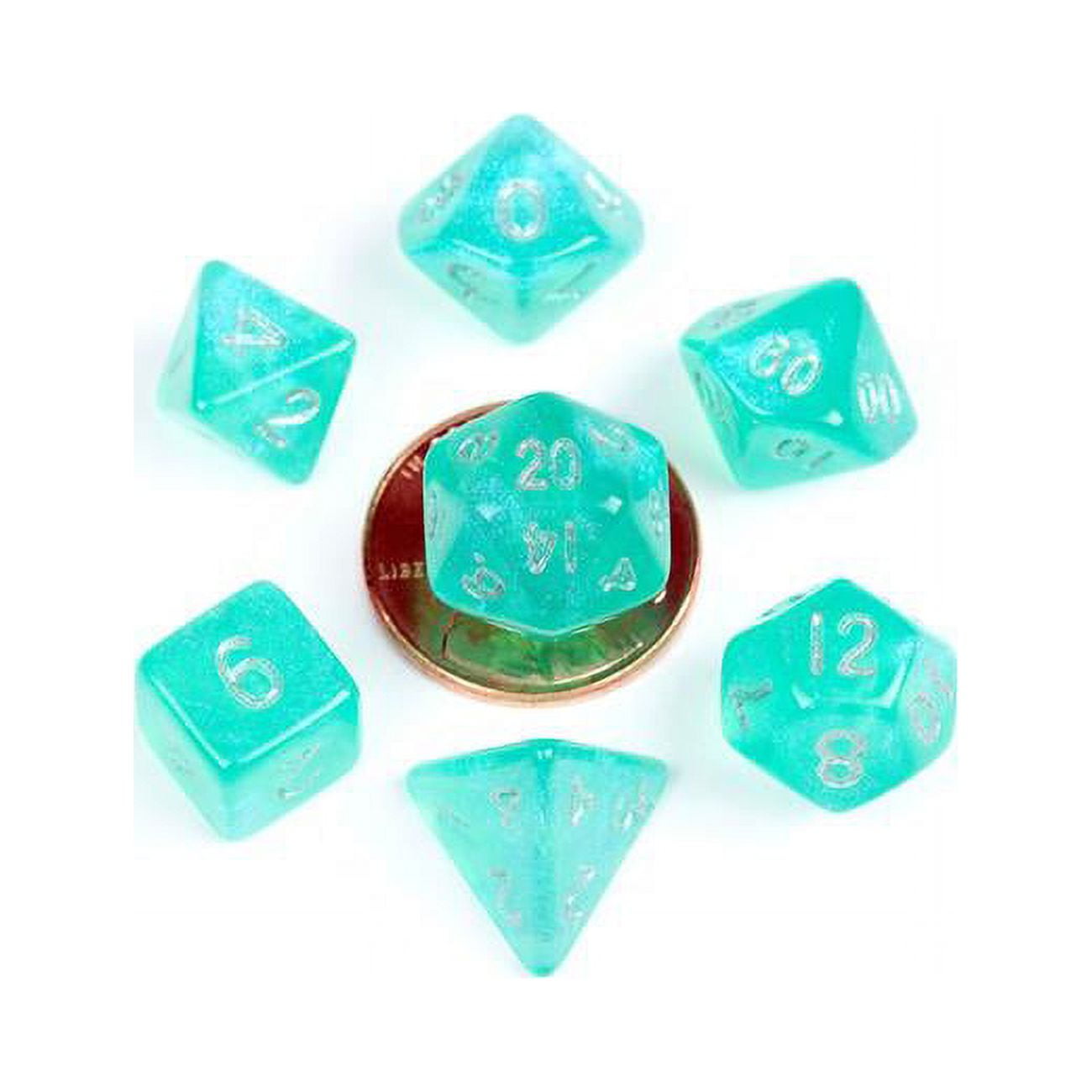 Mini Poly Stardust Dice Set, Turquoise & Silver - Set of 7