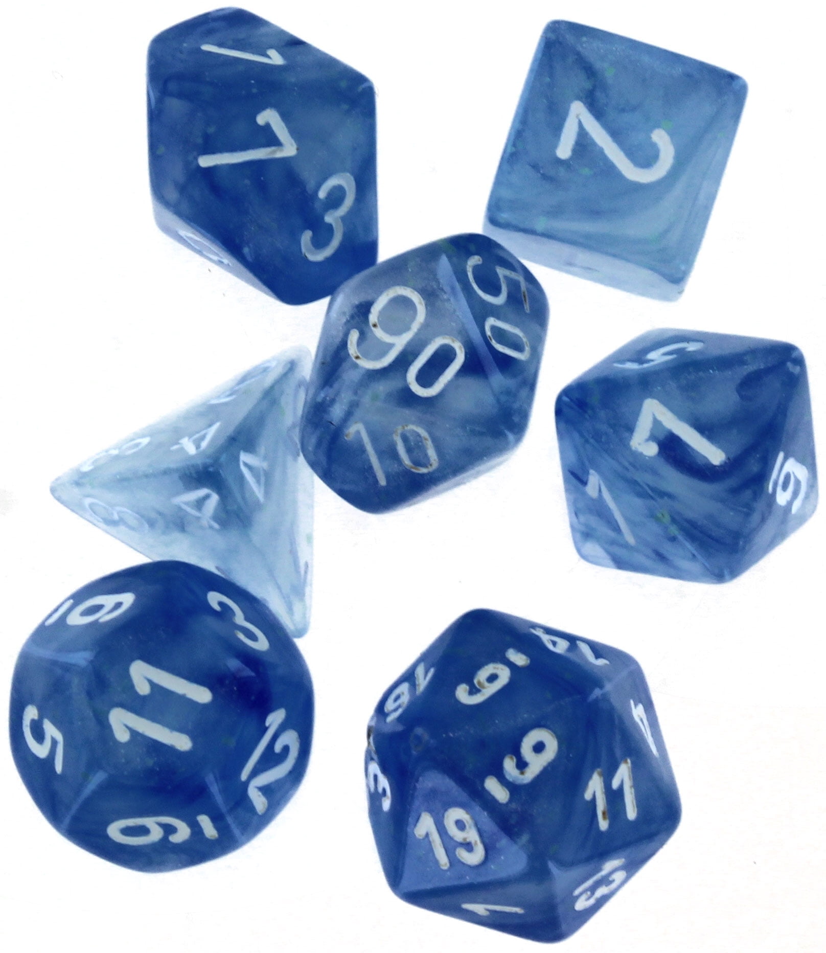 Manufacturing  Cube Borealis Luminary Dice, Sky Blue with White Numbers - Set of 7