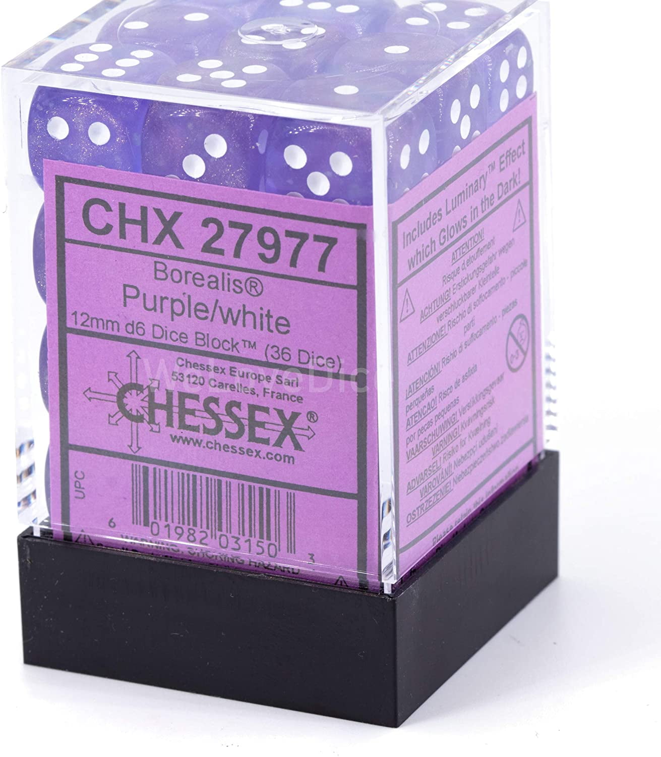 12 mm D6 Cube Borealis Luminary Dice, Purple with White Numbers - Pack of 36