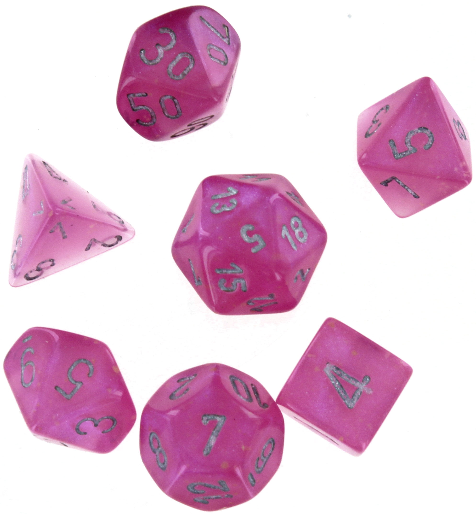 Manufacturing  Cube Borealis Luminary Dice, Pink with Silver Pips - Set of 7