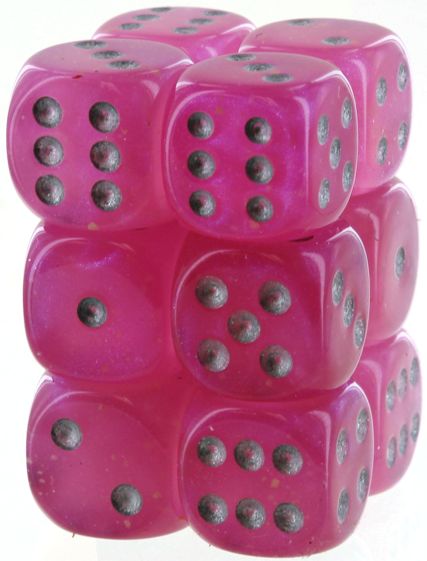 Manufacturing  16 mm D6 Cube Borealis Luminary Dice, Pink with Silver Pips - Pack of 12