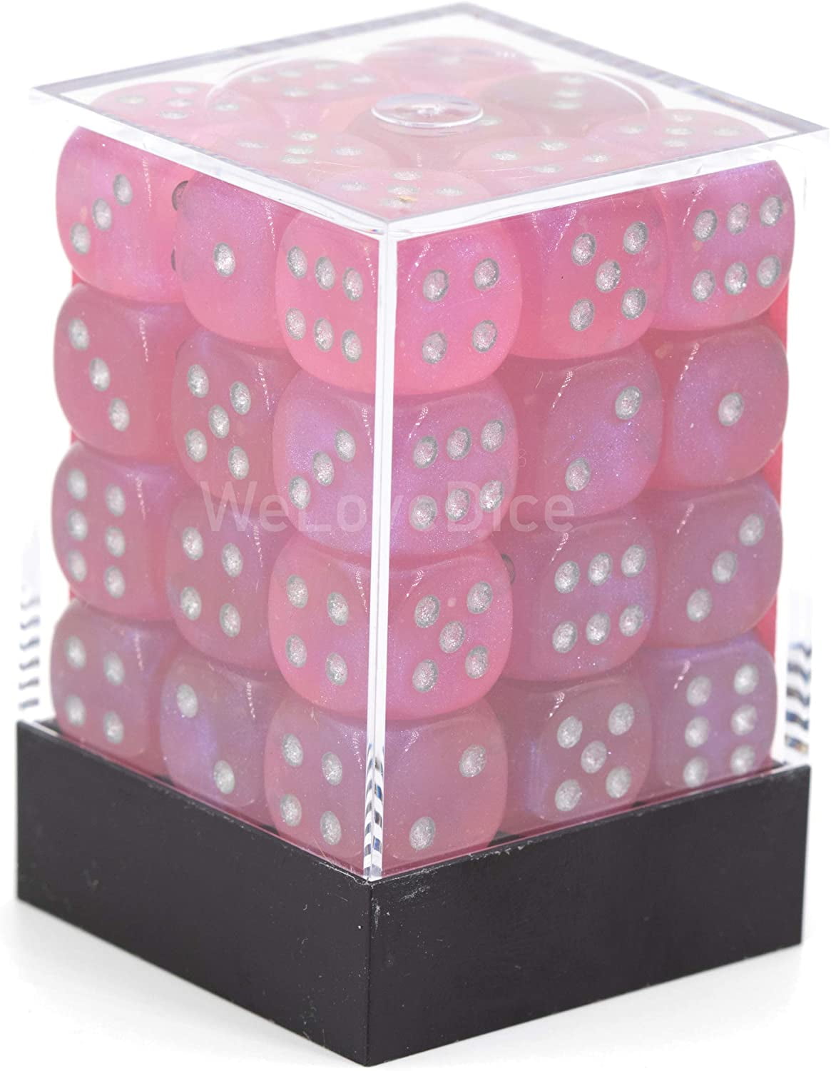 Manufacturing  12 mm D6 Cube Borealis Luminary Dice, Pink with Silver Pips - Pack of 36