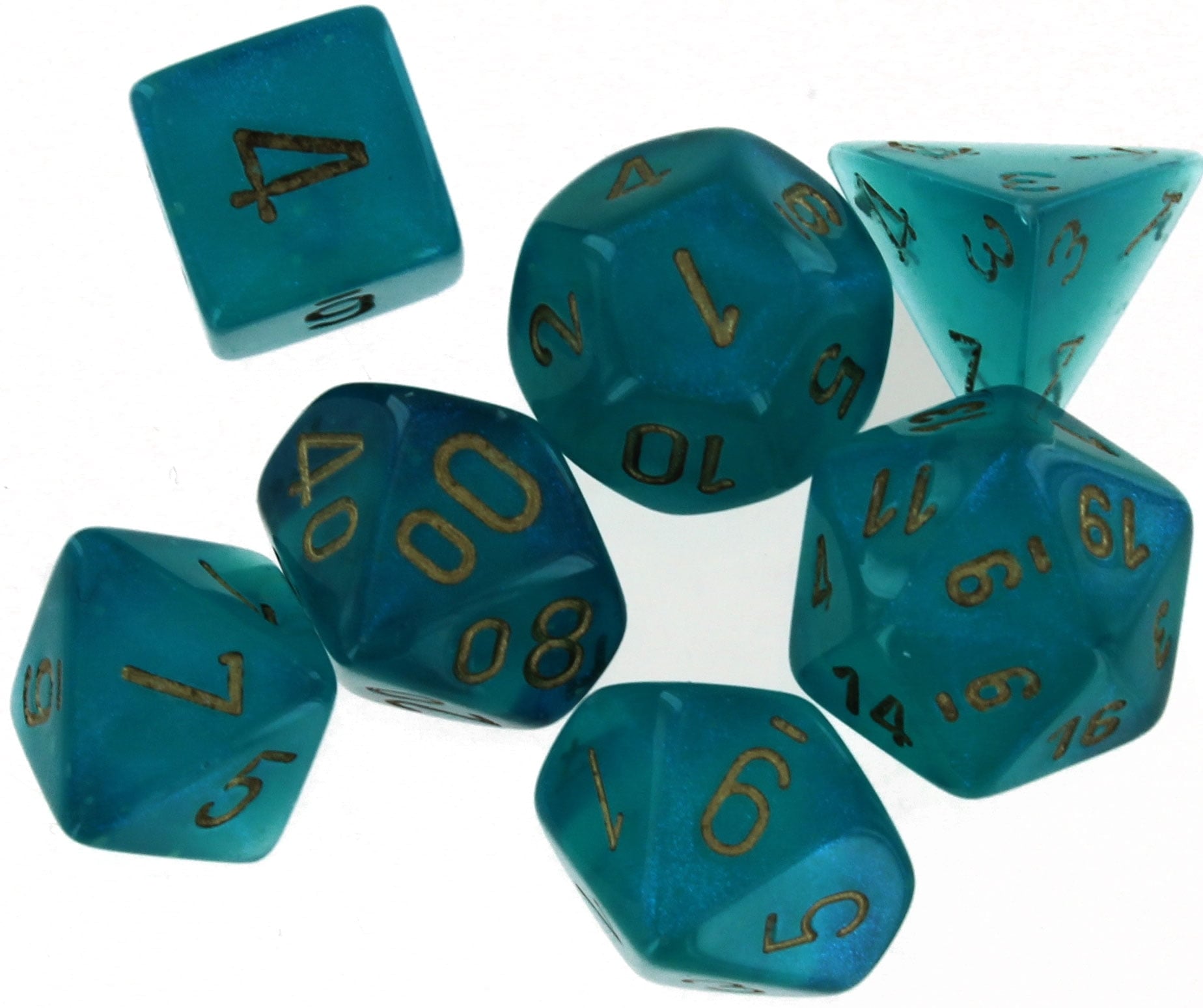 Manufacturing  Cube Borealis Luminary Dice, Teal with Gold Numbers - Set of 7