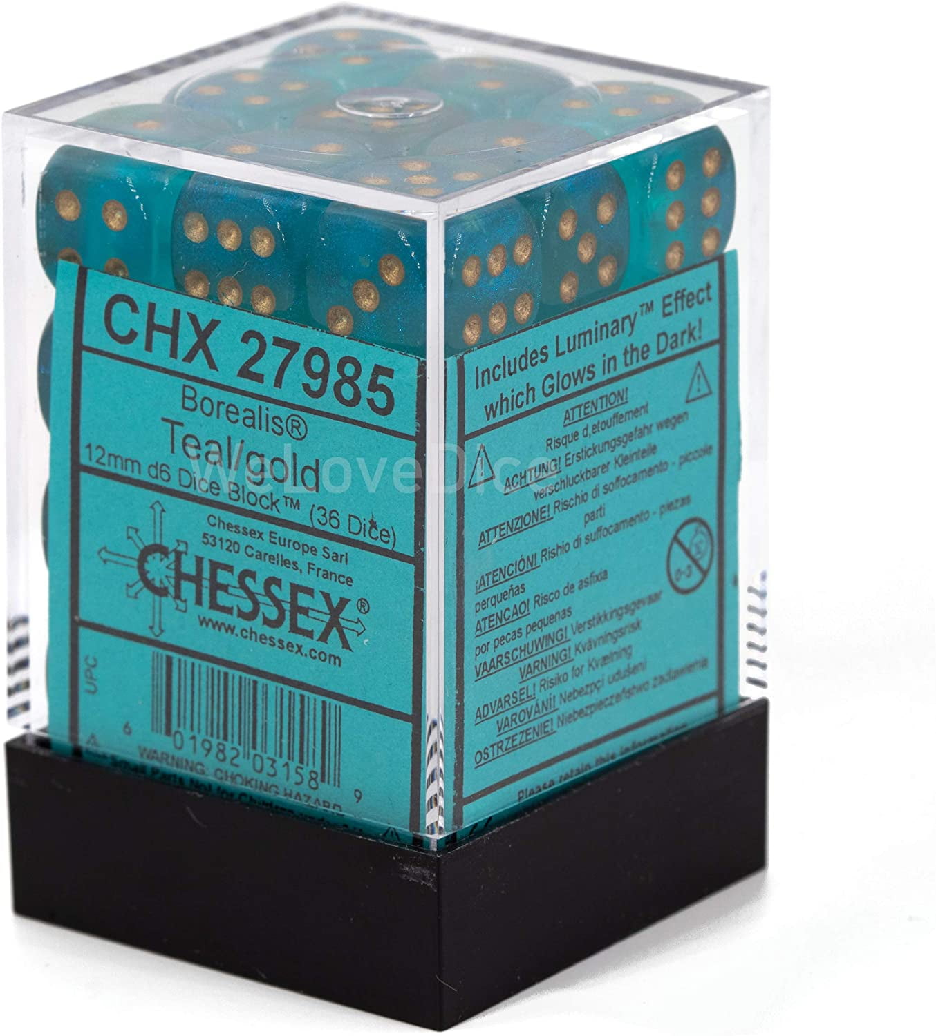 12 mm D6 Cube Borealis Luminary Dice, Teal with Gold Numbers - Pack of 36