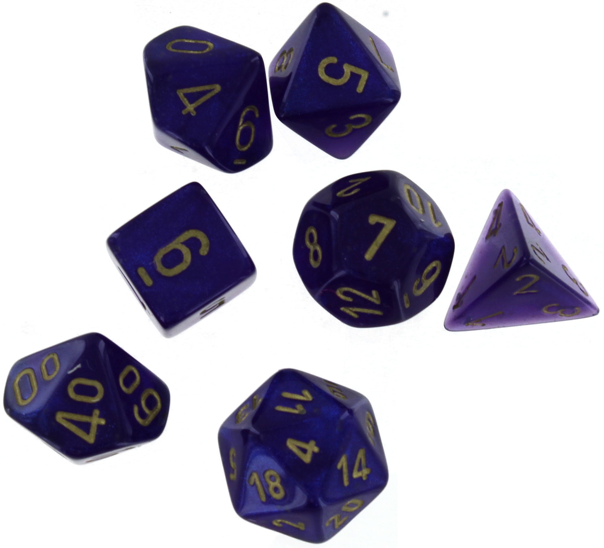 Cube Borealis Luminary Dice, Royal Purple with Gold Numbers - Set of 7