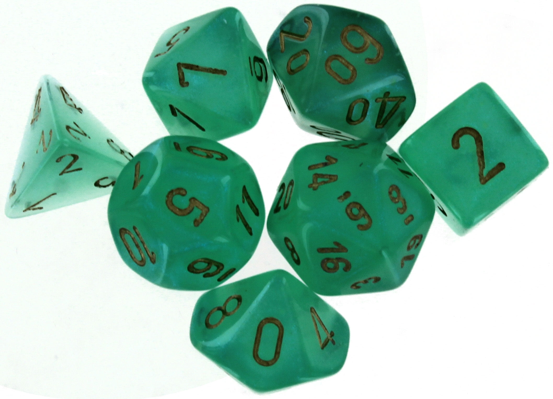 Cube Borealis Luminary Dice, Light Green with Gold Numbers - Set of 7