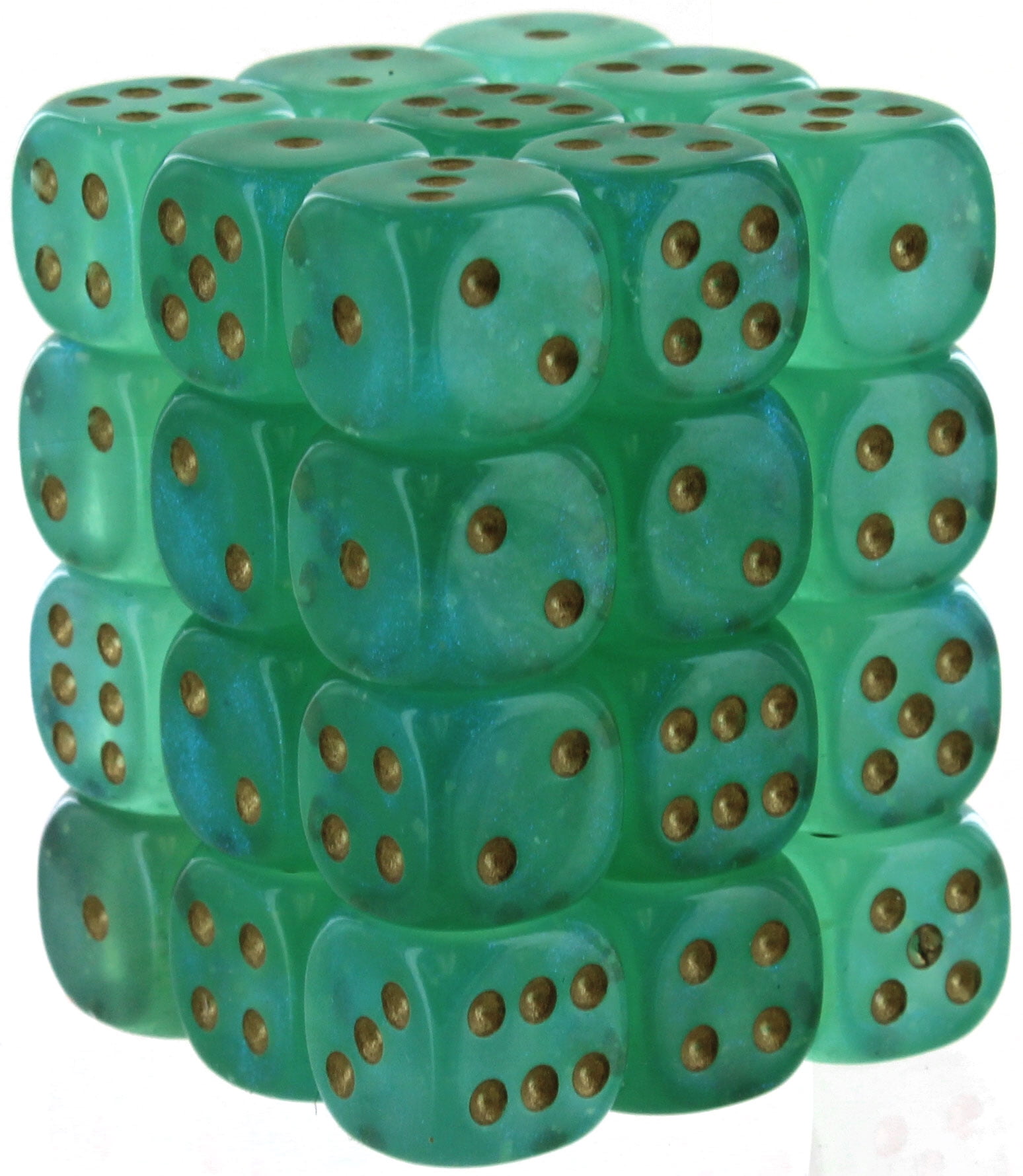 Manufacturing  12 mm D6 Cube Borealis Luminary Dice, Light Green with Gold Numbers - Pack of 36