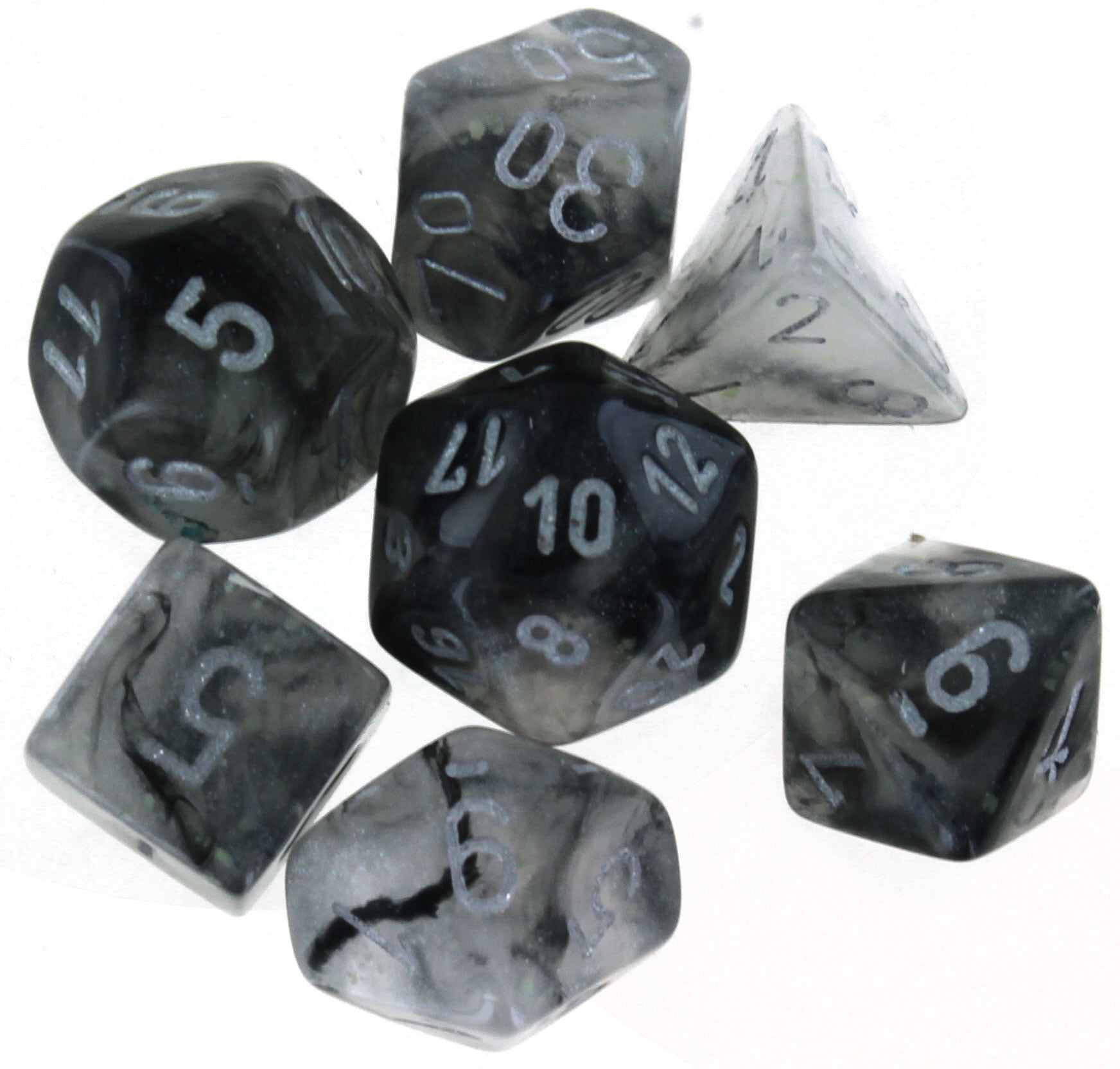 Manufacturing  Cube Borealis Luminary Dice, Light Smoke with Silver Pips - Set of 7