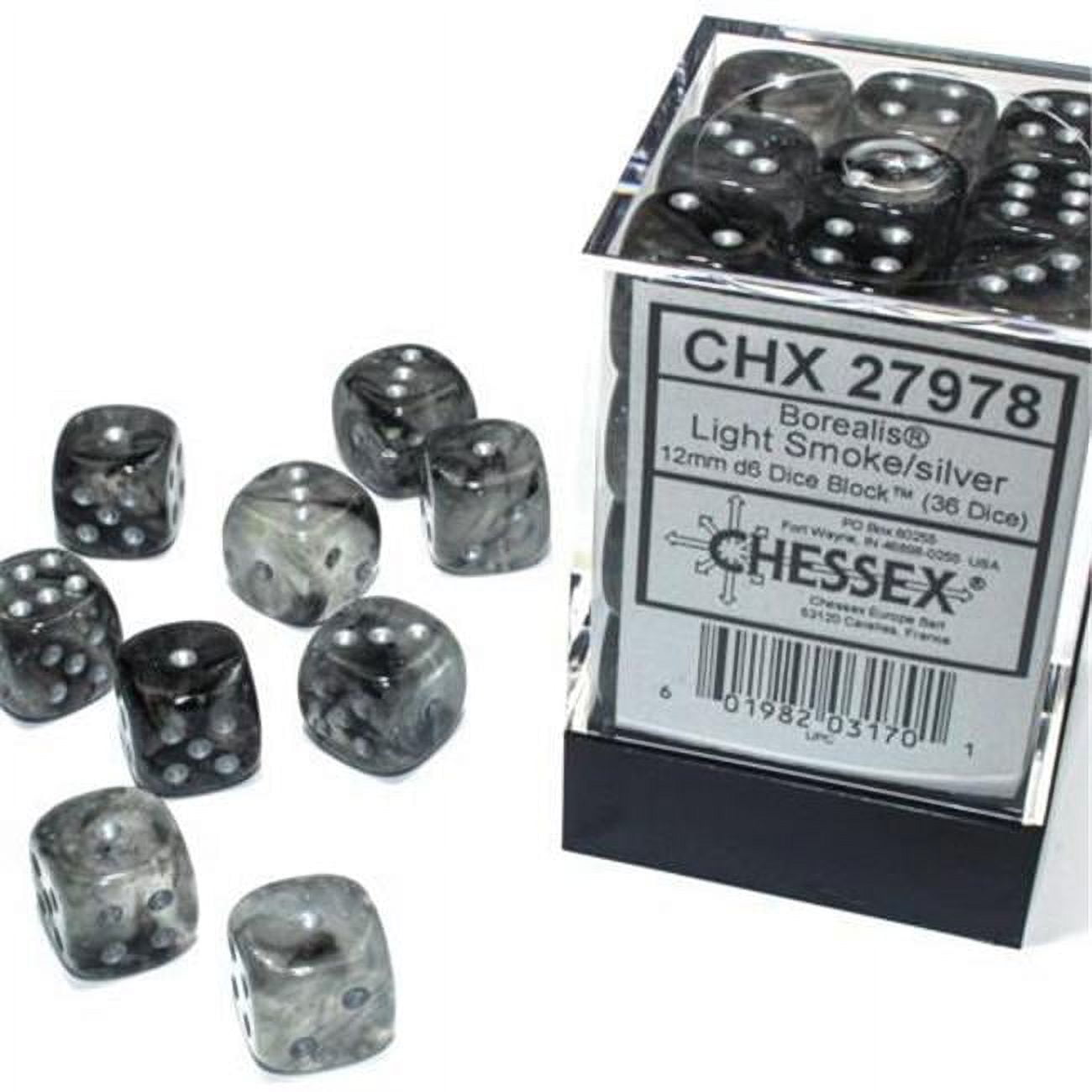 12 mm D6 Cube Borealis Luminary Dice, Light Smoke with Silver Pips - Pack of 36