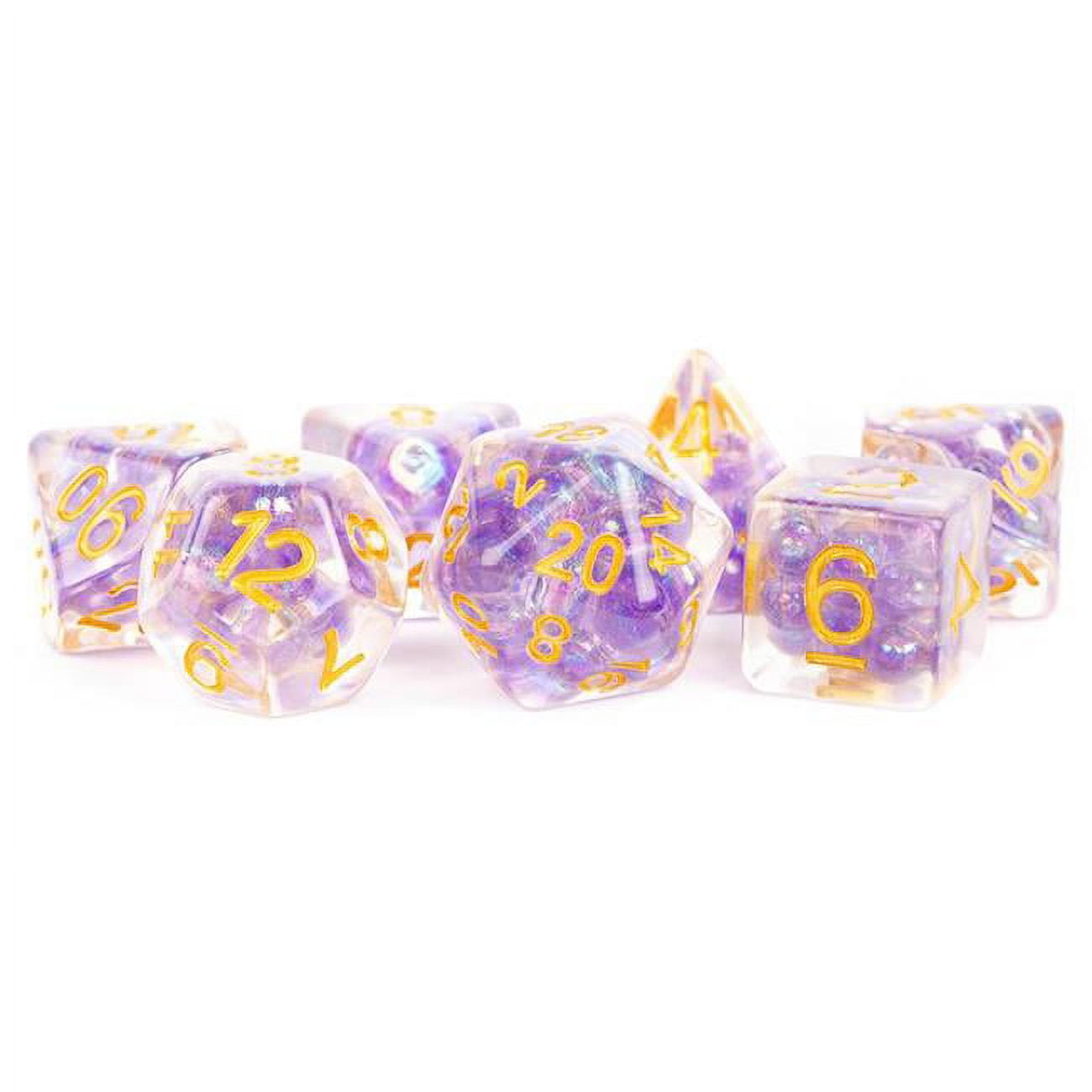 Pearl PUgd Dice, Clear & Purple - Set of 7