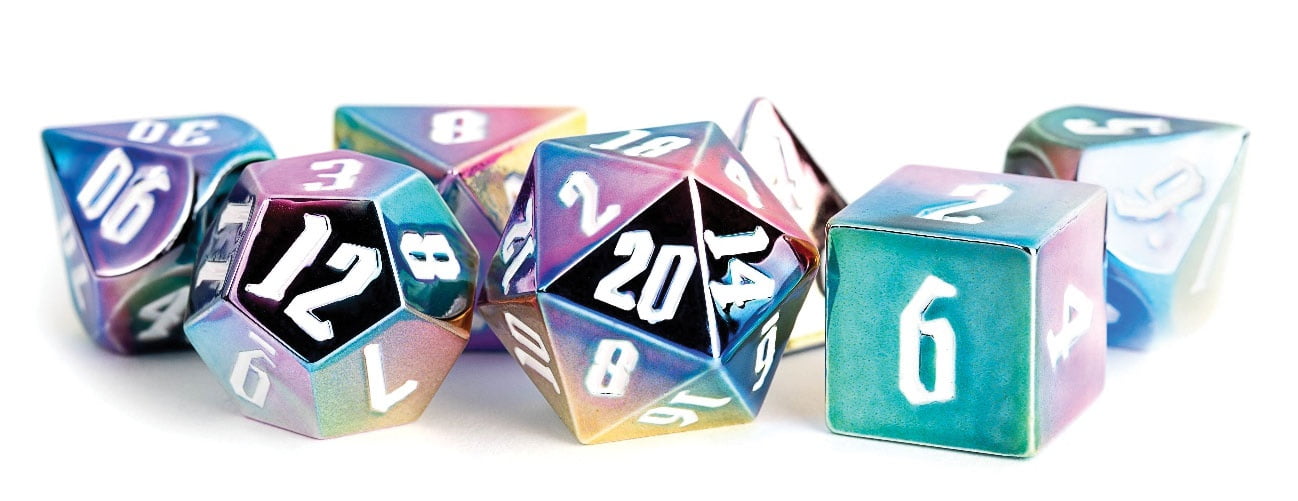 LIC032 Metal Rainbow & White Aegis Dice - Set of 7