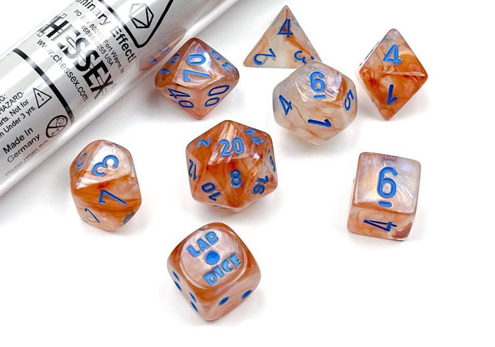 Picture of Chessex CHX30045 Tube Lab Borealis Polyhedral Luminary Dice&#44; Rose Gold & Light Blue - Set of 7