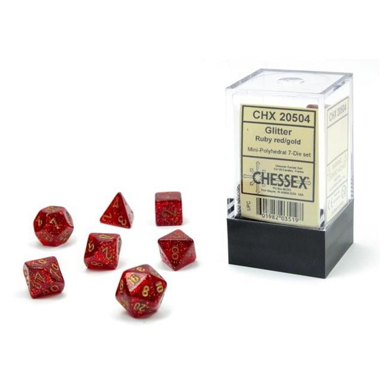 Picture of Chessex CHX20504 Cube Mini Glitter Dice&#44; Ruby & Gold Numbers - Set of 7