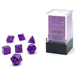 Picture of Chessex CHX20587 Cube Mini Borealis Luminary Dice, Royal Purple with Gold Number - Set of 7