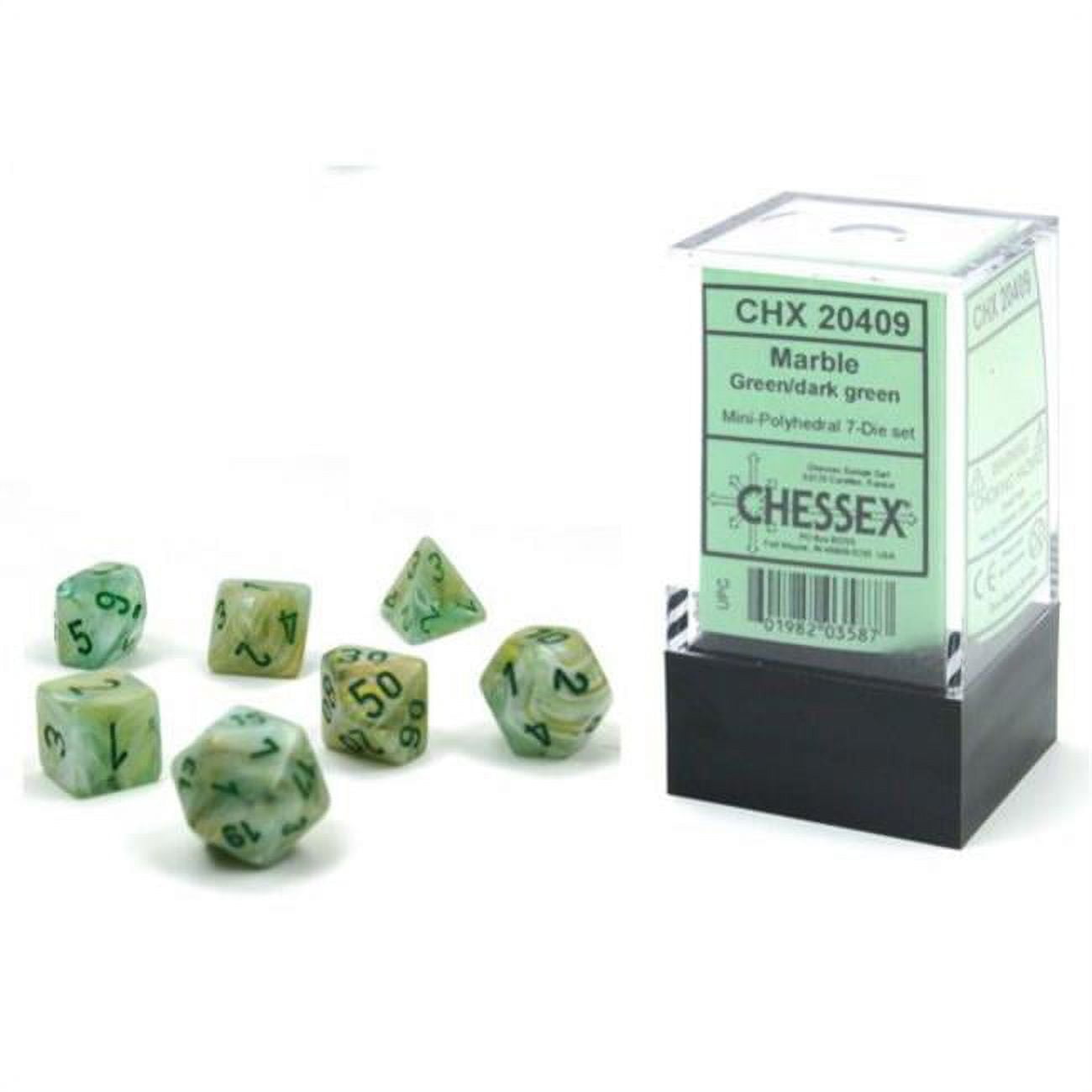 Picture of Chessex CHX20409 Cube Mini Marble Dice, Green with Dark Green Numbers - Set of 7