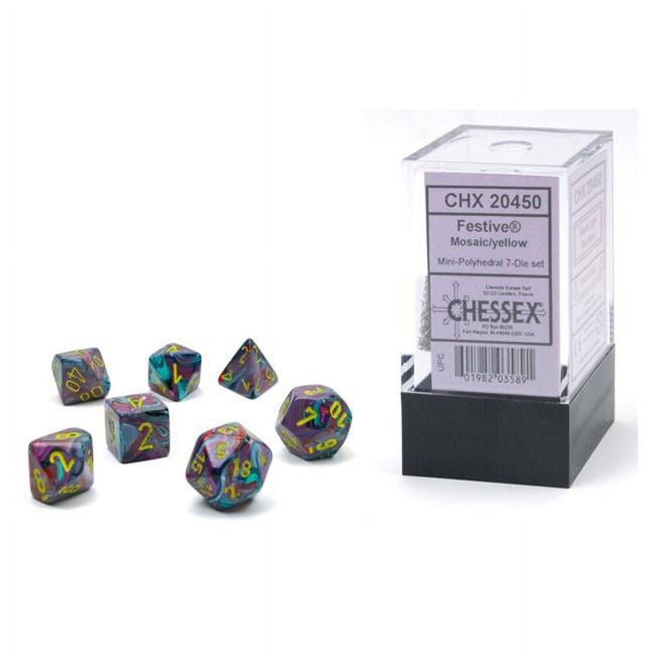 Picture of Chessex CHX20450 Cube Mini Festive Dice, Mosaic with Yellow Numbers - Set of 7