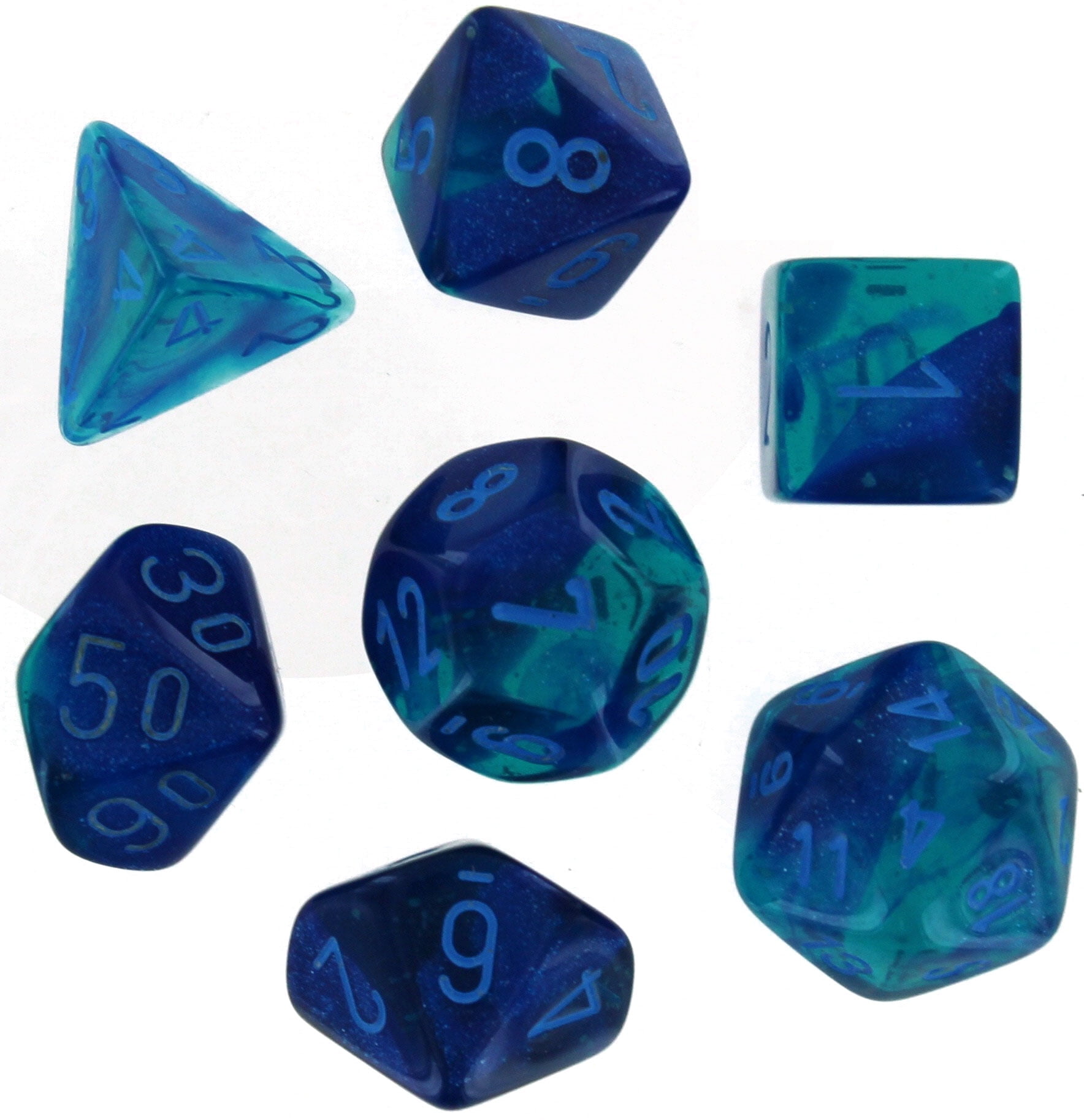 Cube Gemini Luminary Blue & Blue Dice with Light Blue Numbers, Set of 7