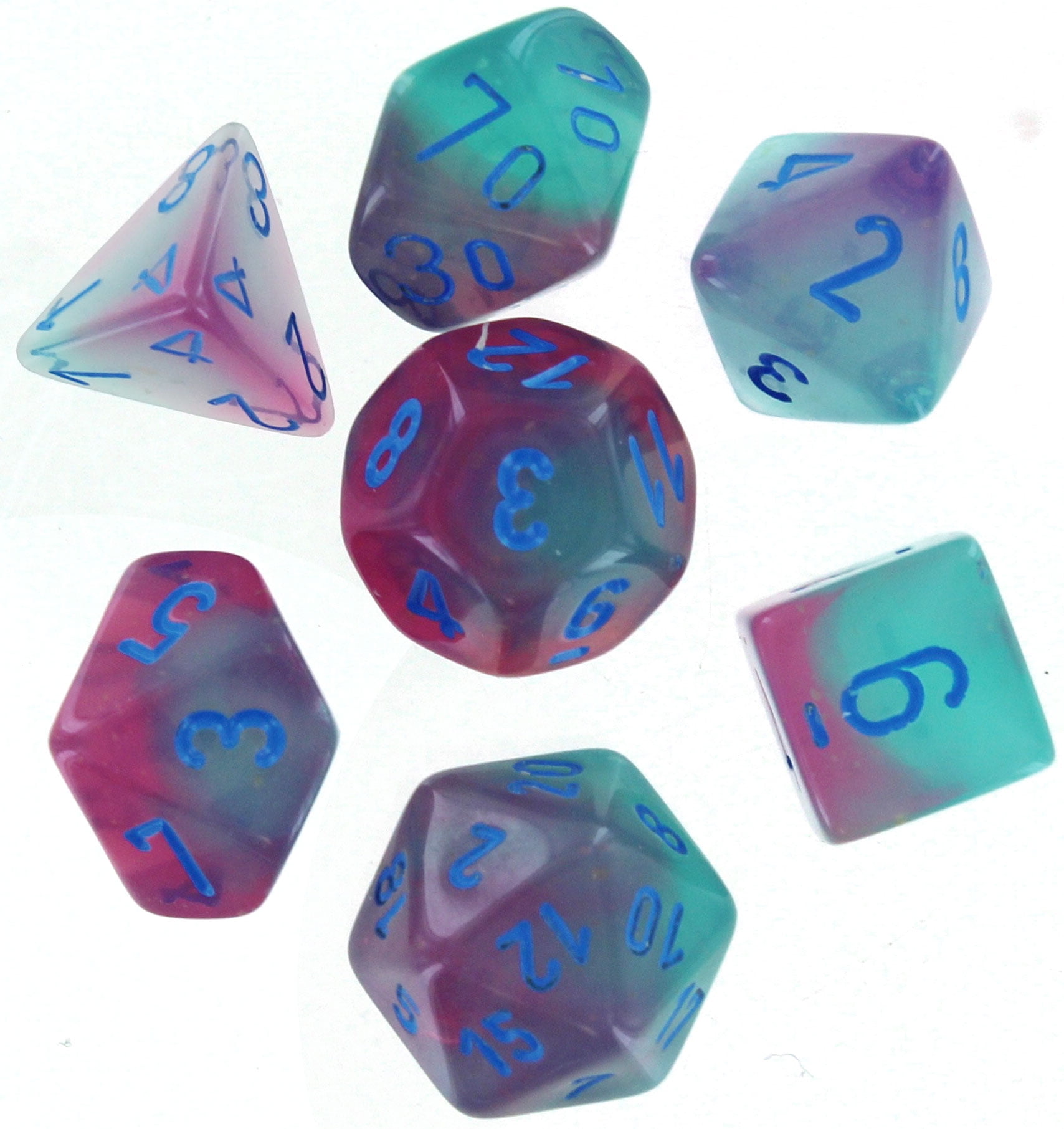Cube Gemini Luminary Gel Green & Pink Dice with Blue Numbers, Set of 7
