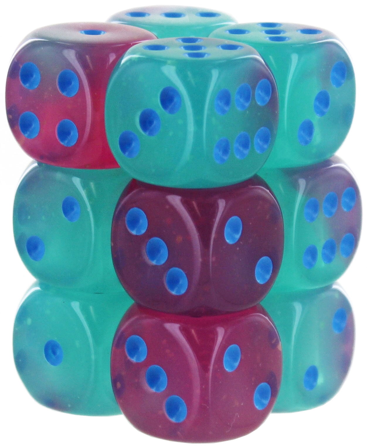 Manufacturing CHX26664 16 mm D6 Cube Gemini Luminary Gel Green & Pink Dice with Blue Pips, Pack of 12