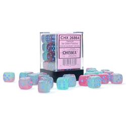 12 mm D6 Cube Gemini Luminary Gel Green & Pink Dice with Blue Pips, Pack of 36