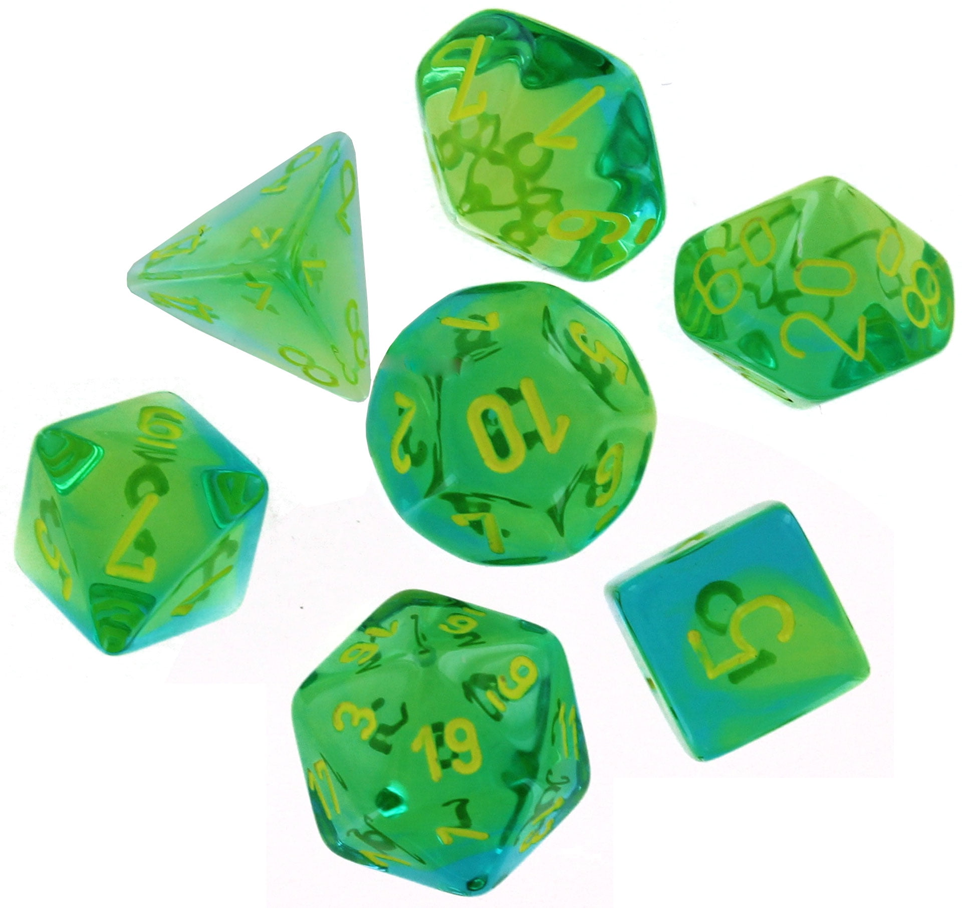 Cube Gemini Translucent Green & Teal Dice with Yellow Numbers, Set of 7