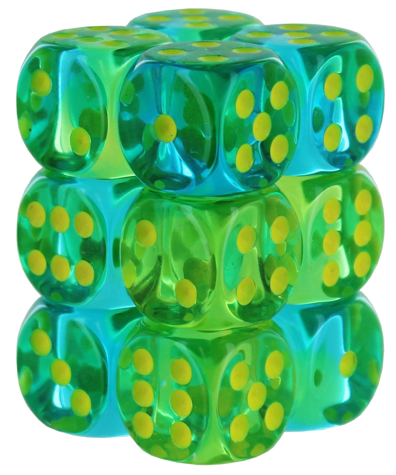 Picture of Chessex CHX26666 16 mm Gemini D6 Translucent Cube&#44; Green&#44; Teal & Yellow - Pack of 12