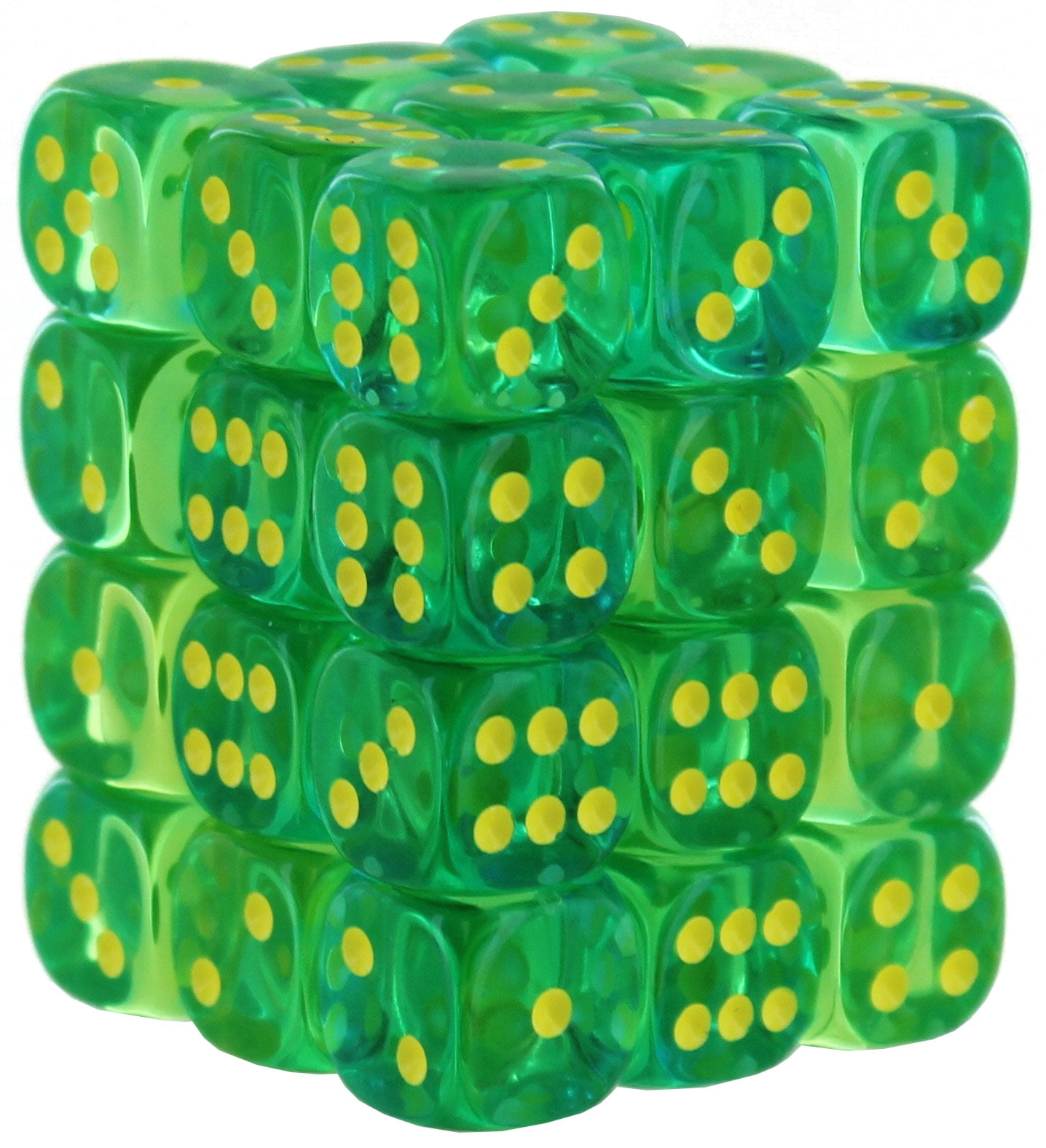 Picture of Chessex CHX26866 12 mm Gemini D6 Translucent Cube&#44; Green&#44; Teal & Yellow - Pack of 36