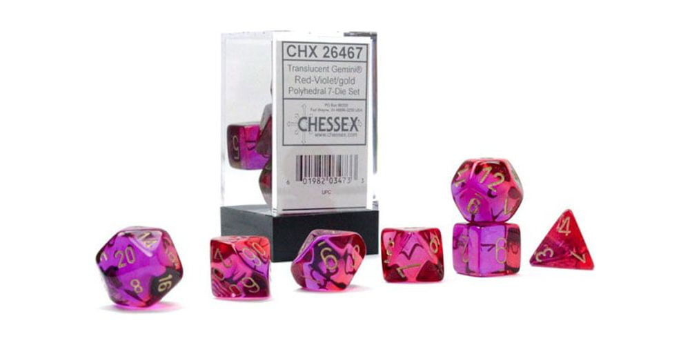 Manufacturing CHX26467 Cube Gemini Translucent Red & Violet Dice with Gold Numbers, Set of 7