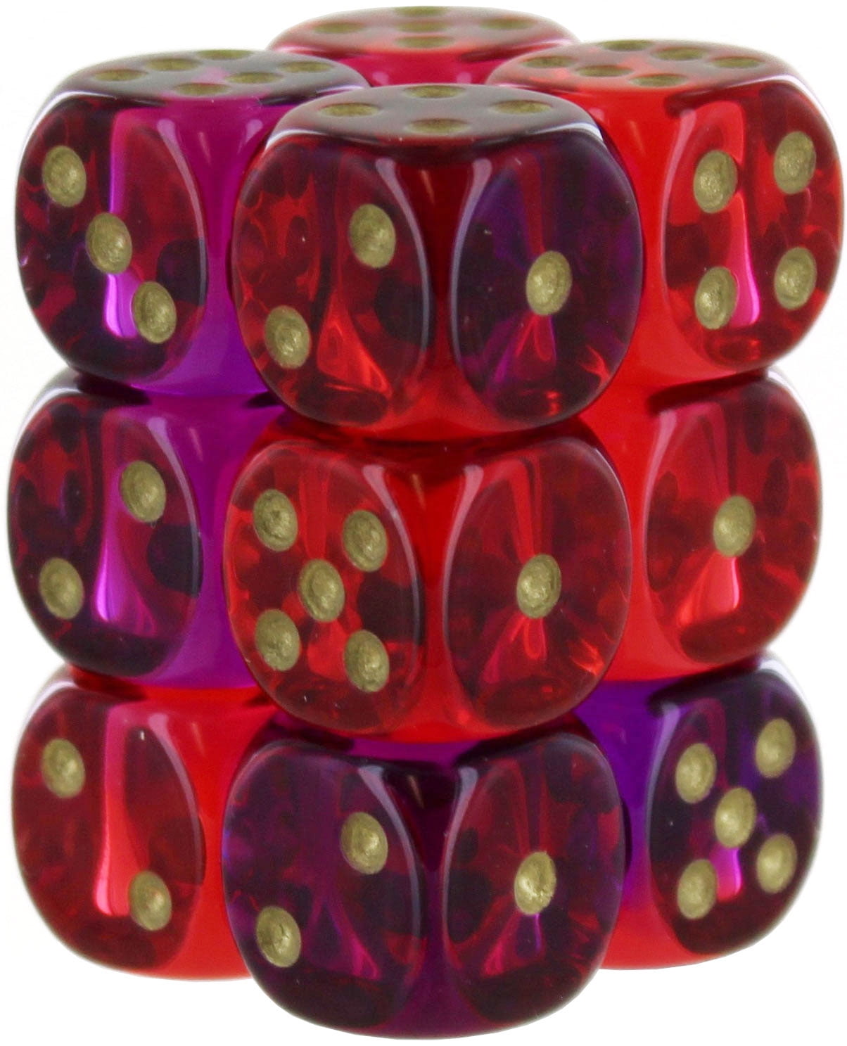 16 mm Gemini D6 Translucent Cube, Red, Violet & Gold - Pack of 12