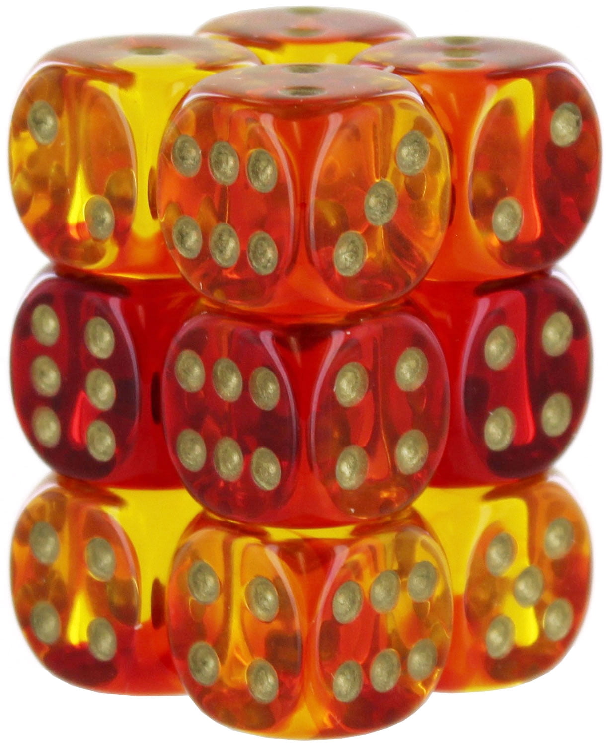 Picture of Chessex CHX26668 16 mm Gemini D6 Translucent Cube&#44; Red&#44; Yellow & Gold - Pack of 12