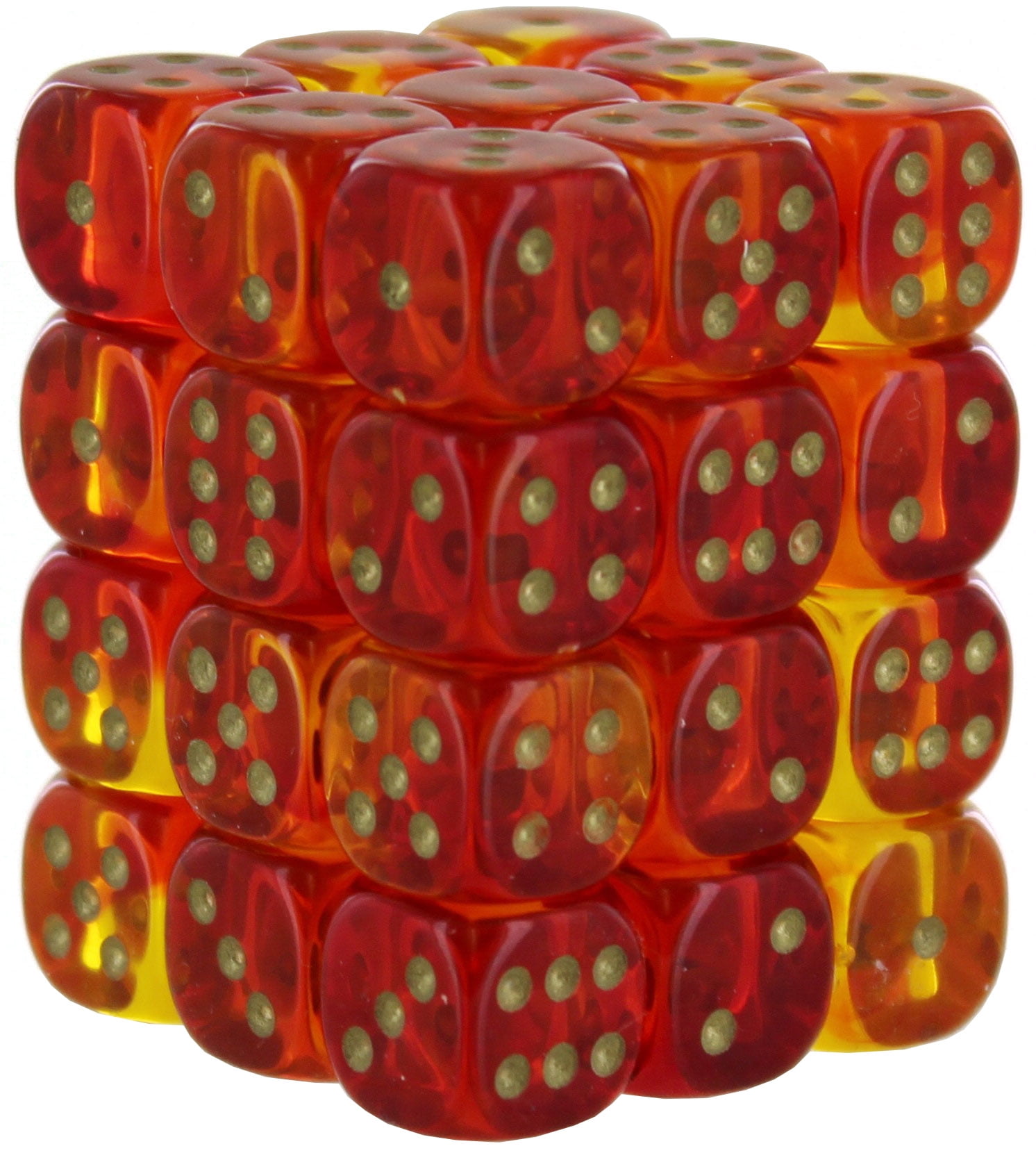 Picture of Chessex CHX26868 12 mm Gemini D6 Translucent Cube&#44; Red&#44; Yellow & Gold - Pack of 36