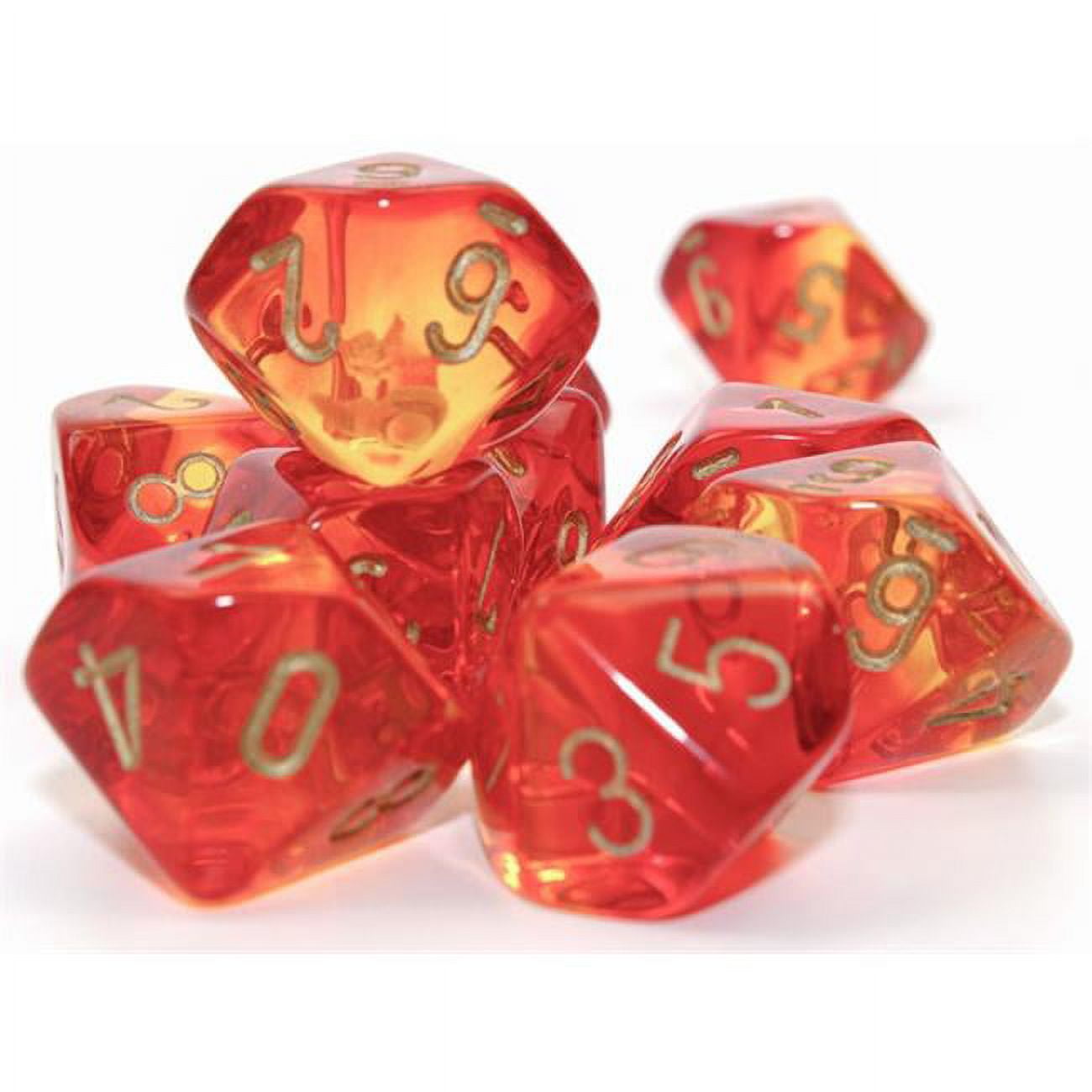 Picture of Chessex CHX26268 Clamshell Gemini D10 Translucent Dice Block&#44; Red&#44; Yellow & Gold - Pack of 10