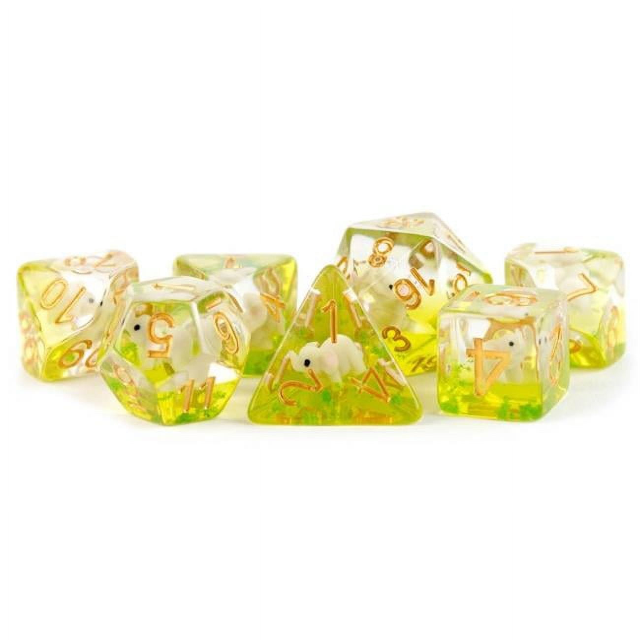 16 mm Elephant Resin Poly Dice Set, Green & Gold - Set of 7