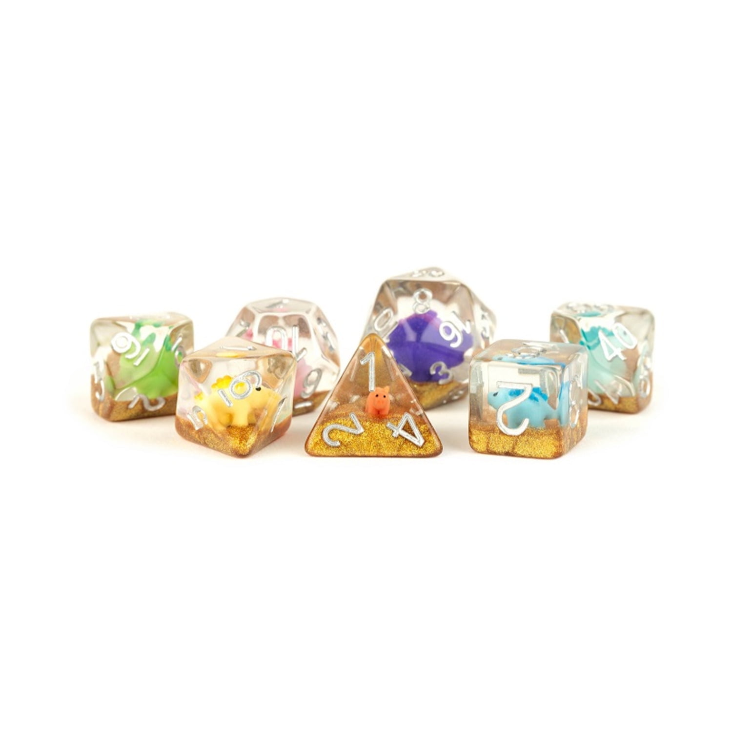16 mm Rainbow Dinosaur Resin Poly Dice Set, Multi Color - Set of 7