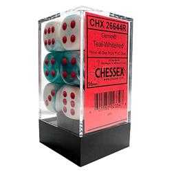 CHX26644R 16 mm D6Cube Gemini Dice, White, Teal & Black - Pack of 12