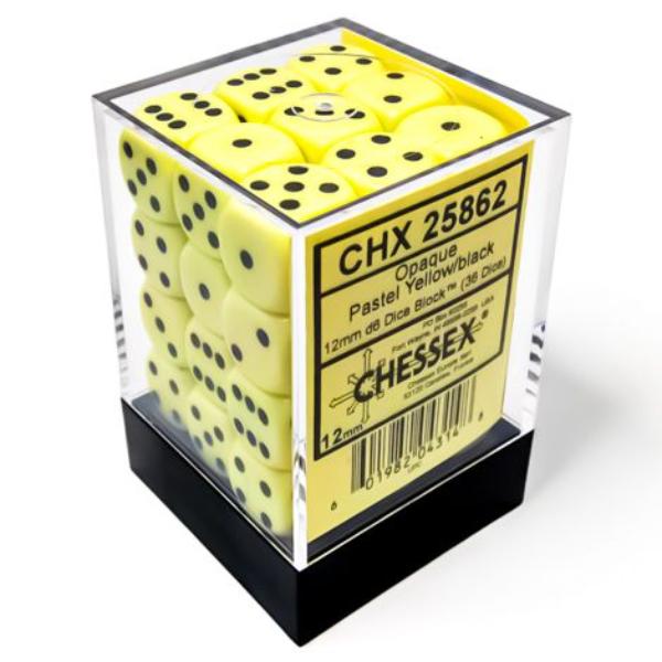 CHX25862 D6 Cube 12 mm Dice, Opaque Pastel, Yellow & Black - 36 Piece