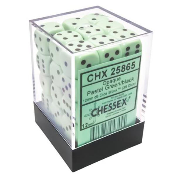 CHX25865 D6 Cube 12 mm Dice, Opaque Pastel, Green & Black - 36 Piece