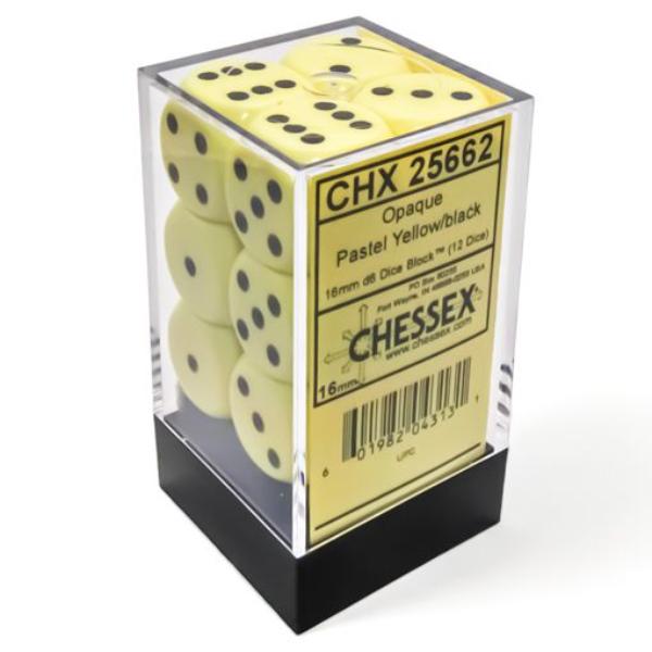 CHX25662 D6 Cube 16 mm Dice, Opaque Pastel, Yellow & Black - 12 Piece