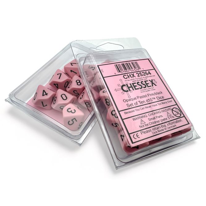 CHX25264 D10 Clamshell Dice, Opaque Pastel, Pink & Black - 10 Piece
