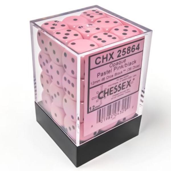 CHX25864 D6 Cube 12 mm Dice, Opaque Pastel Pink & Black - Set of 36