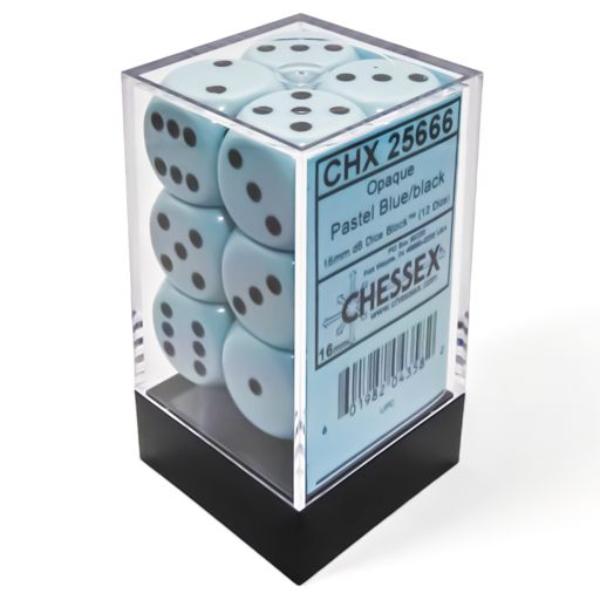 CHX25666 D6 Cube 16 mm Dice, Opaque Pastel, Blue & Black - Set of 12