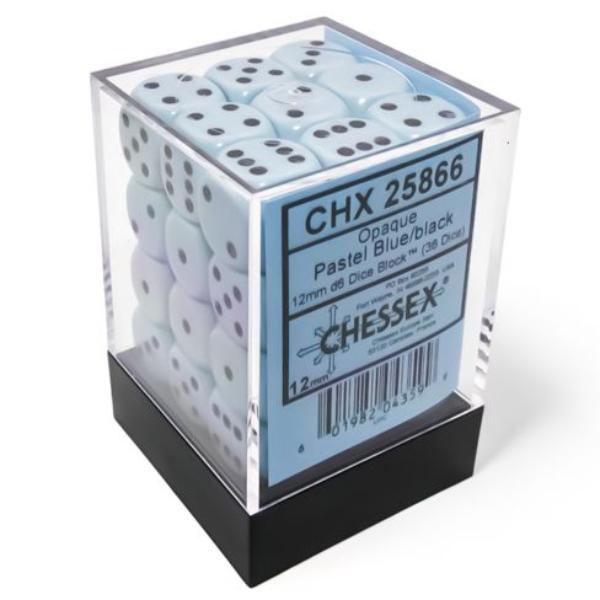 D6 Cube 12 mm Dice, Opaque Pastel Blue & Black - Set of 36