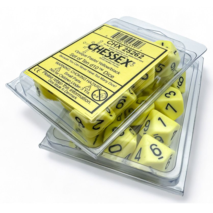 CHX25262 D10 Clamshell Dice, Opaque Pastel Yellow Black - Set of 10
